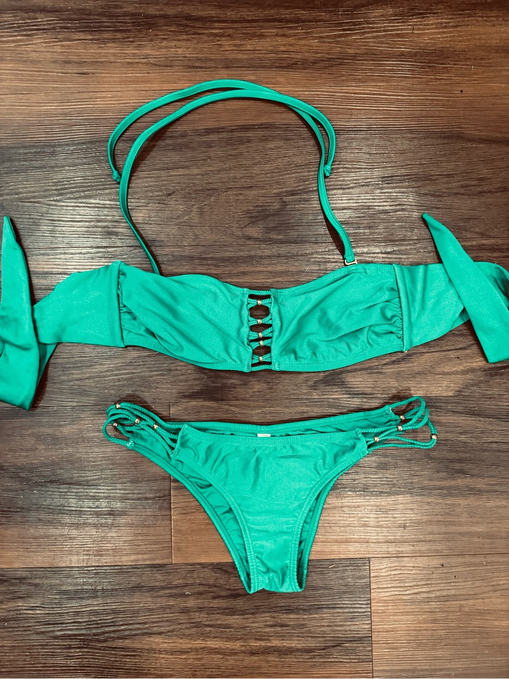 Pilyq Emerald Green Bandeau Bikini with Triple Side Straps